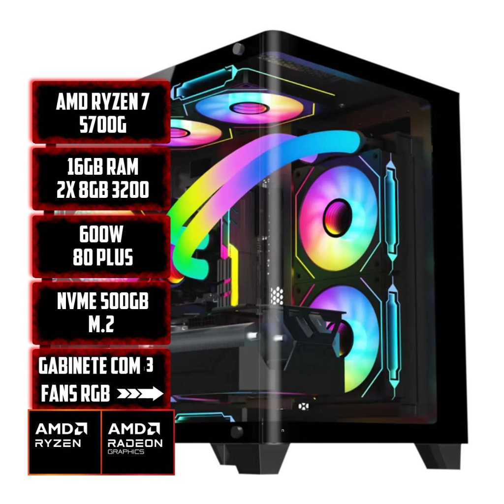 PC Gamer AMD Ryzen 7 5700G, 16GB DDR4, SSD NVMe 500GB, Fonte 600W, Gabinete RGB 3 Fans Aquario