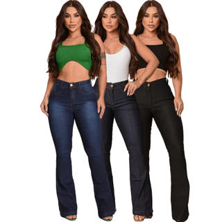 Kit 3 Calça Jeans Flare Premium Cintura Alta Modeladora