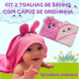 Kit 2 Unidades - Toalha de banho com orelhinha no capuz estampada bichinho bebê em Oferta na Shopee