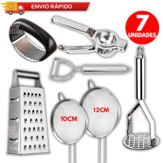 Kit 7 Peças Ralador Peneiras Espremedor Limão Descascador Legumes Amassador Batata Alho Casa Cozinha