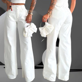 Calça Jeans Wide Leg Feminina Sarja Brim Pantalona Boca de Sino Colorida 100% Algodão Não Desbota