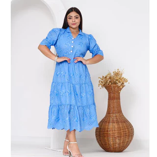 VESTIDO MIDI LUXO LAISE 3D BORDADO COM GOLA BOTÃO E ELASTEX NAS COSTAS