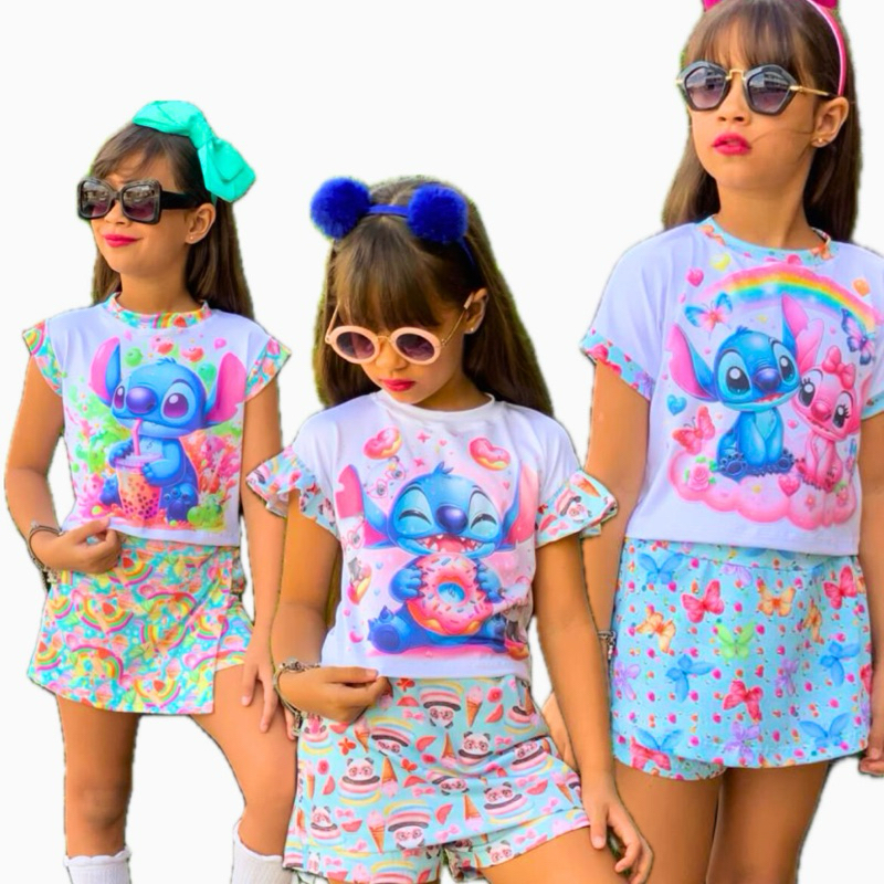 CONJUNTO STITCH SHORT CROPEED CAMISETA SHORT SAIA INFANTIL CONJUNTO INFANTIL STITCH PARA CRIANÇAS MODA BLOGUEIRA