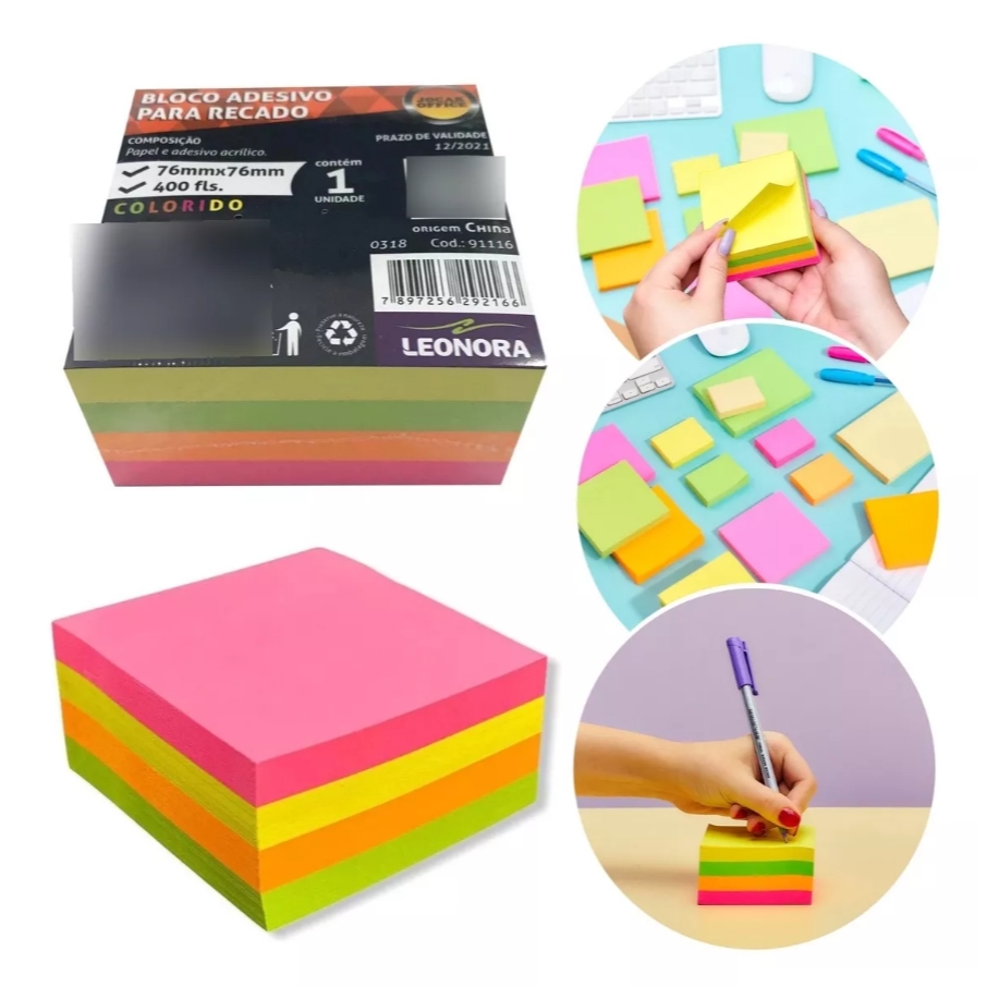 Bloco Adesivo Colorido 76x76mm 100 folhas Post It para Estudo e ...