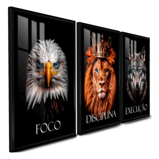 Quadros Decorativos - Motivacional Foco Execução Diciplina - Leão Aguia Lobo - Sala Quarto Hall