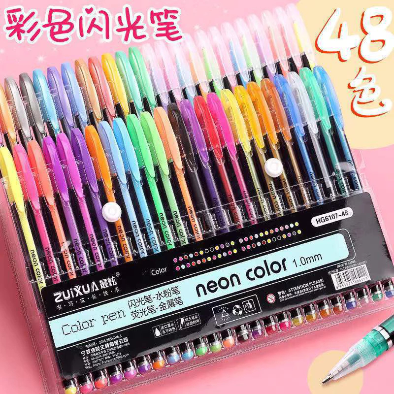 Kit com 12/24/36/48 Cores Caneta Gel ColorGel Tinta Glitter Pastel Neon Metal Escolar
