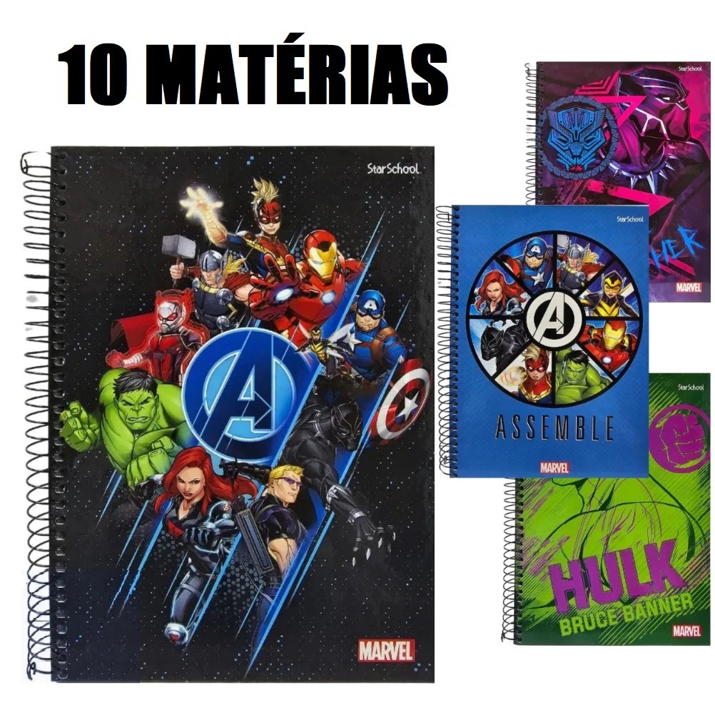 Caderno De 10 Materias Capa Dura Vingadores 160 Folhas Jandaia Espiral ...