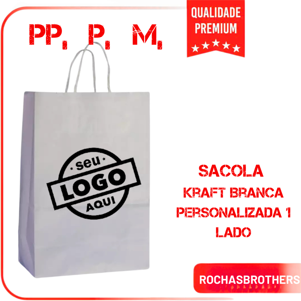 Sacola de Papel Kraft BRANCO– Personalizada com Sua Logo Colorida - 1 Lado - PP P e M