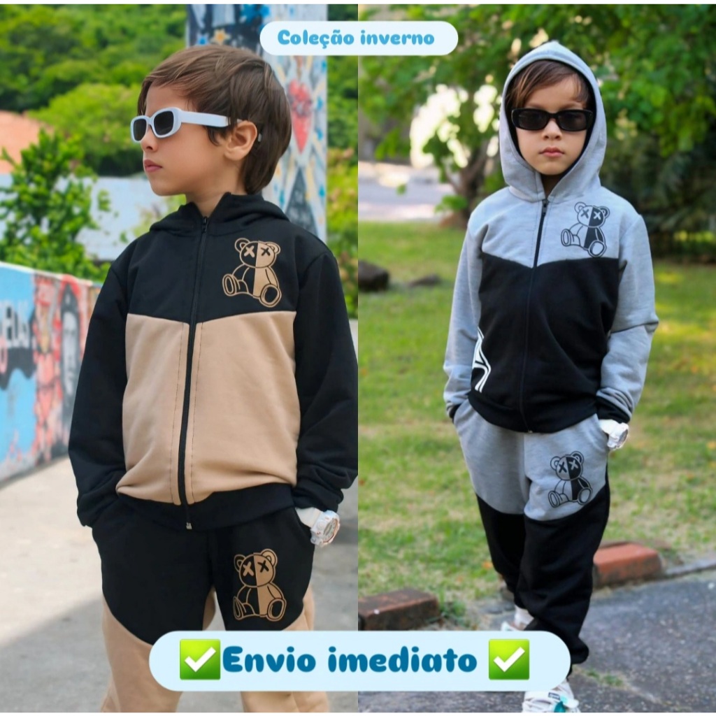 Conjunto Infantil Masculino De Frio Moletinho Capuz e Zíper Kit Calça ...