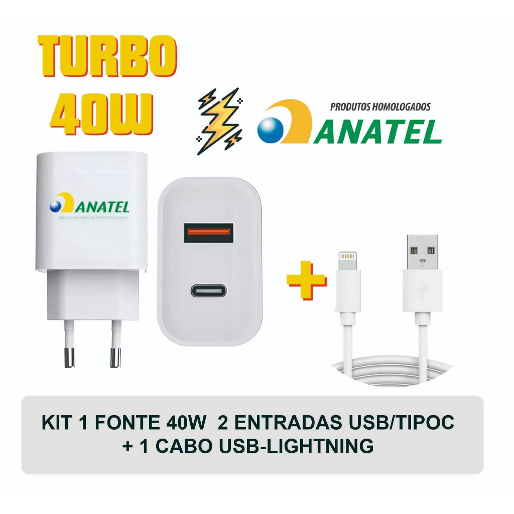 KIt Carregador 40w + 1-2 Cabo IOS Pd TIPO C Turbo Homologado