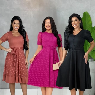 Kit 3 Vestidos Variados Godê Mídi Moda Evangélica