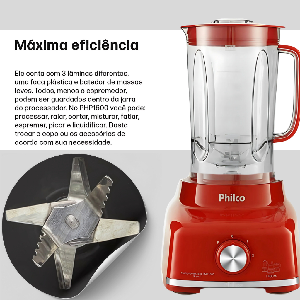 Multiprocessador 9 Em 1 Batedeira Espremedor Philco Turbo 1700w