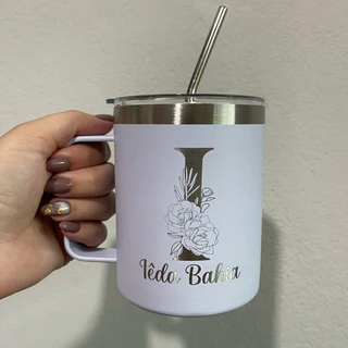 Caneca Aço Inoxidável Térmica Com Canudo E Tampa Alça 360ml Café Chá - PERSONALIZADA