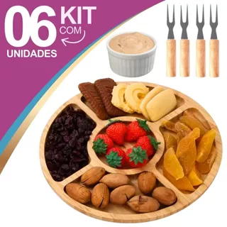 Petisqueira Redonda Para Frios Queijo Com Molheira Ramekin e Garfinhos Inox Cabo Madeira para Petiscos