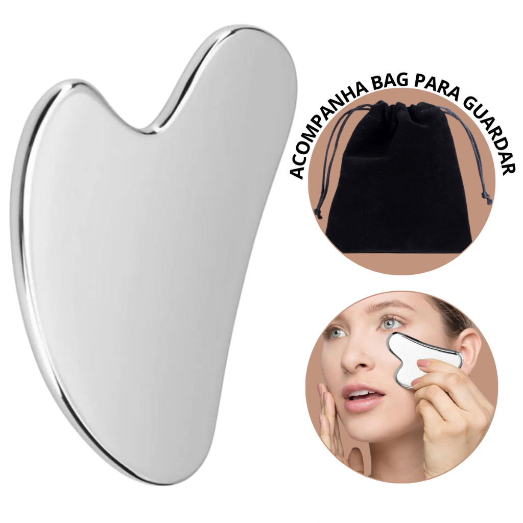 Placa de Massagem facial Guasha em aço inox 95mg skincare Drenagem