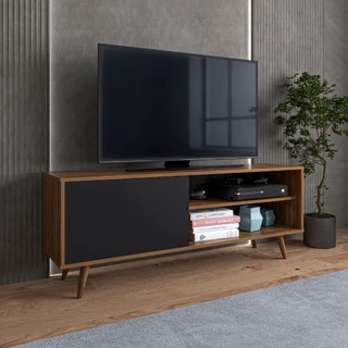 Rack home para tv até 43 polegadas sala com porta e 2 prateleiras pés de madeira mel com preto