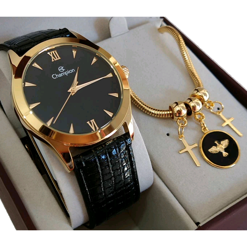 Relógio Champion Feminino Original Correia de Couro Preto com Números Romanos+ Brinde