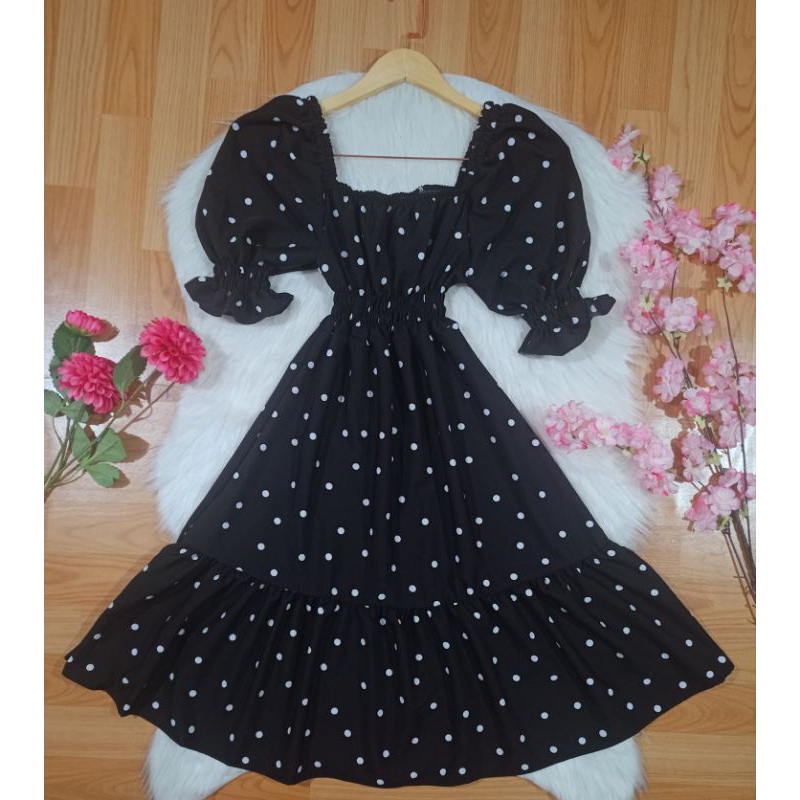 vestido femenino elastex manga bufante com bolinhas e floral