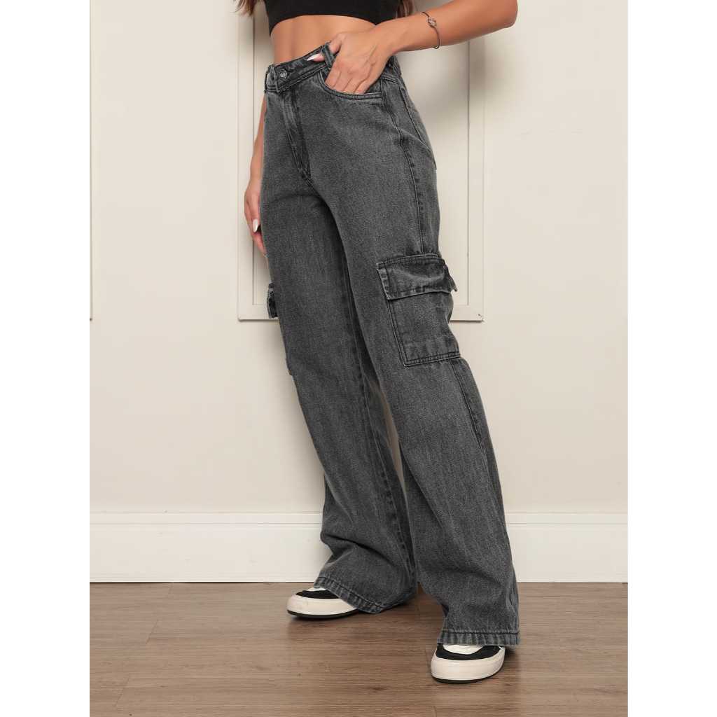 calça cargo grafite cargo jeans feminina com bolsos laterais da moda ...