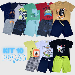 Kit 10 Peças Conjunto Verão Menino Calor Infantil Masculino 1 a 8 anos (5 Camisetas + 5 Bermudas)