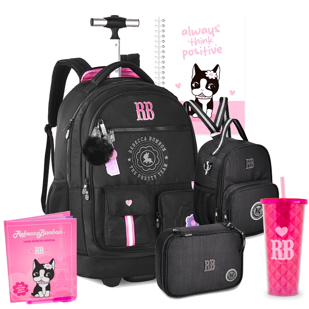 Kit Mochila Rebecca Bonbon RB Preta Rodinhas College Colegial Nova ...
