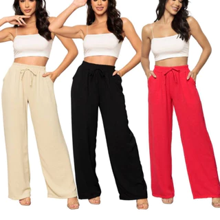 Calça Pantalona Feminina Cintura Alta Flare Bolsos