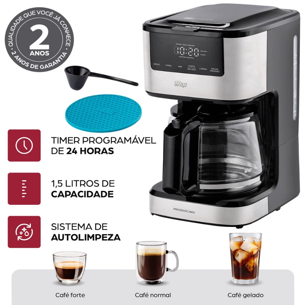 Cafeteira Elétrica Programável Capacidade de 1,5L 900W Autolimpeza Wap Desliga Automaticamente