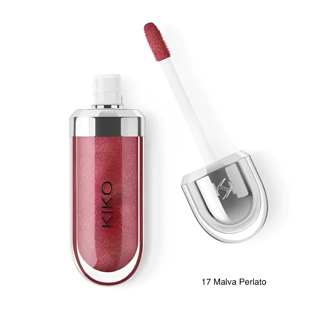 Embalagem do gloss 3D Hydra Kiko Milano na cor 17 Malva Perlato com aplicador ao lado