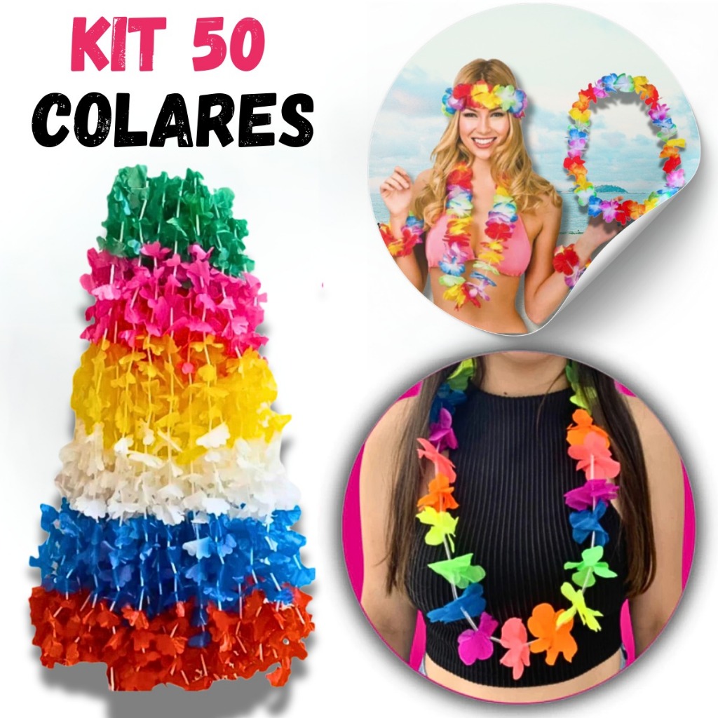 Kit Colar Havaiano Flor Carnaval Flores Coloridas para Luau Festas Fantasia Adereço de Pescoço