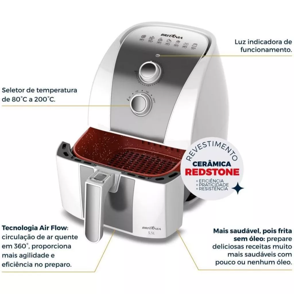 Fritadeira Elétrica Air Fryer Redstone 5.5 Litros Sem Óleo Britânia BAF52 Branca