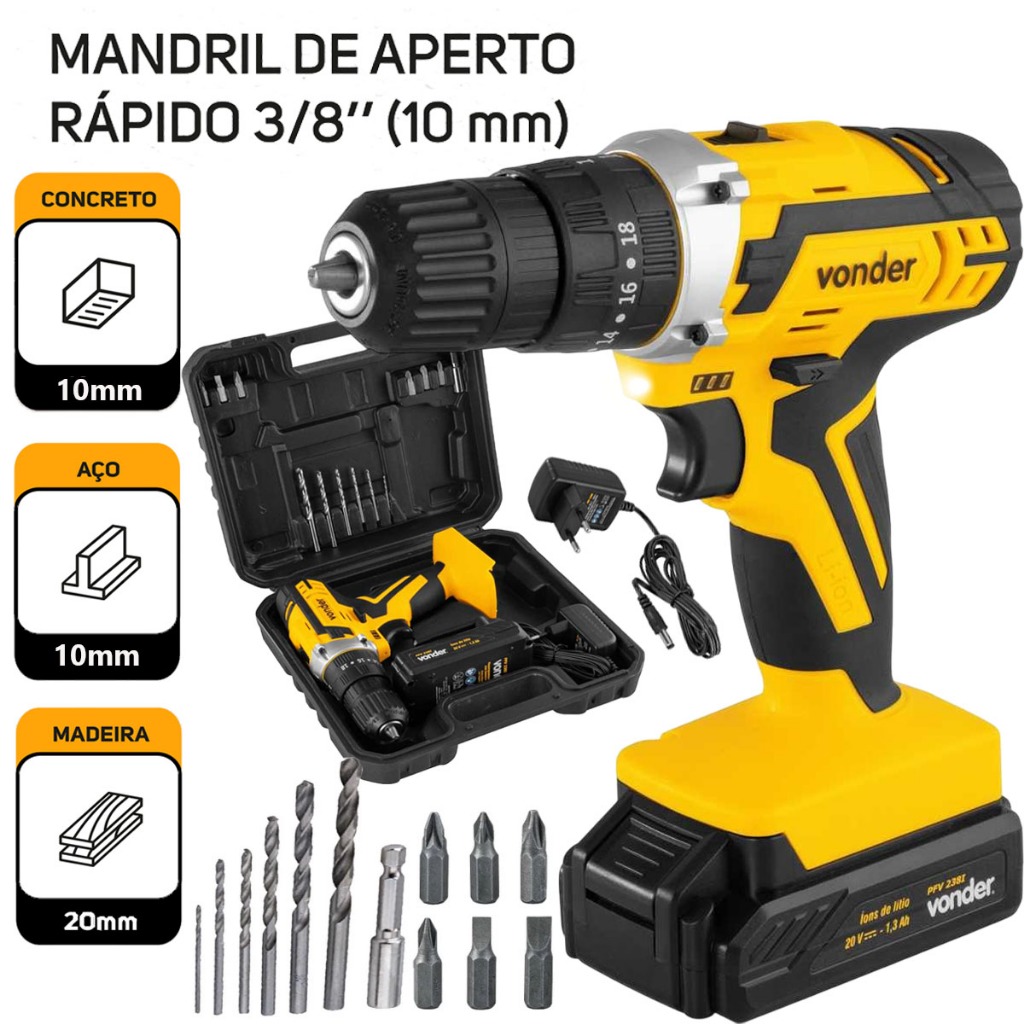 Parafusadeira Furadeira de Impacto 20v Sem Fio Com Maleta Broca e Bits PFV238I Vonder
