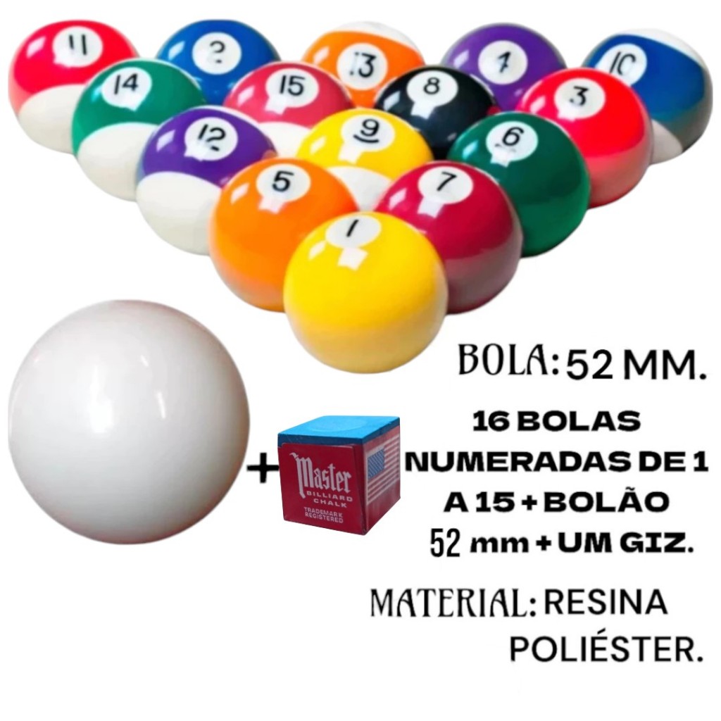 Bola De Sinuca 52mm snooker bilhar jogo de bolas completo 16 peças + um ...