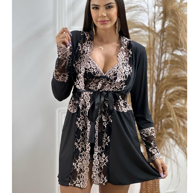 Kit Baby Doll Pijama + Robe Bicolor Luxo Premium Francesinha Cod: 663 ...