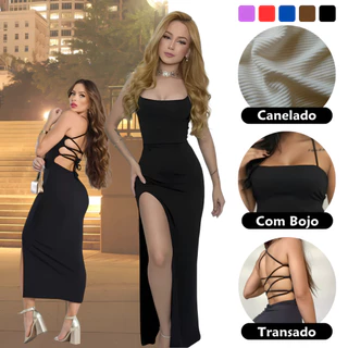 Vestido LONGO elegante com costas nuas trançadas Fenda Lateral Empina Bumbum Colado Novo em Oferta na Shopee