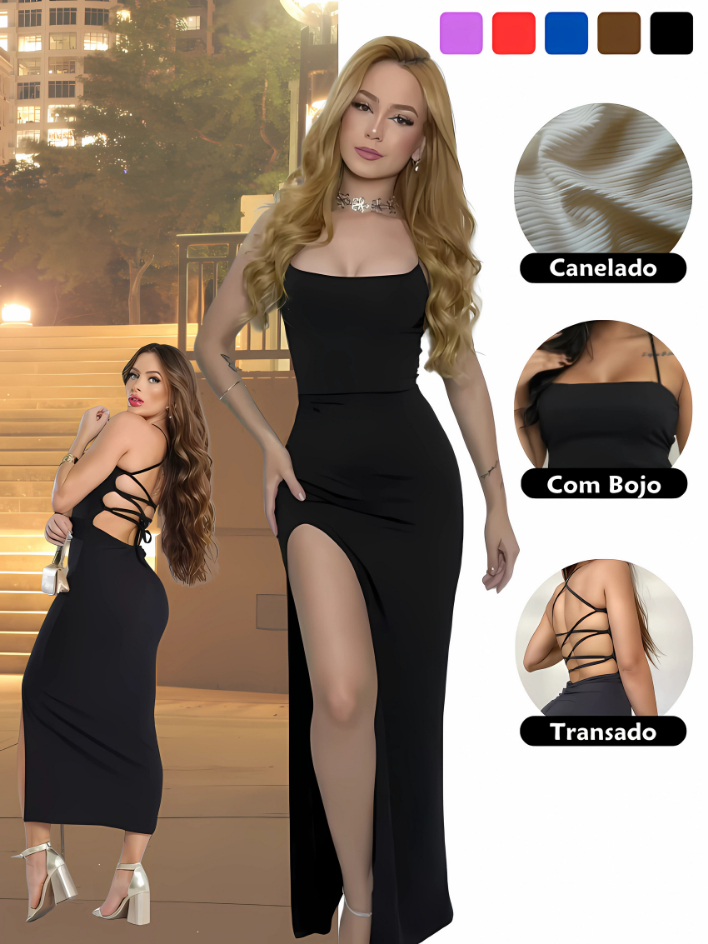 Vestido LONGO elegante com costas nuas trançadas Fenda Lateral Empina Bumbum Colado Novo