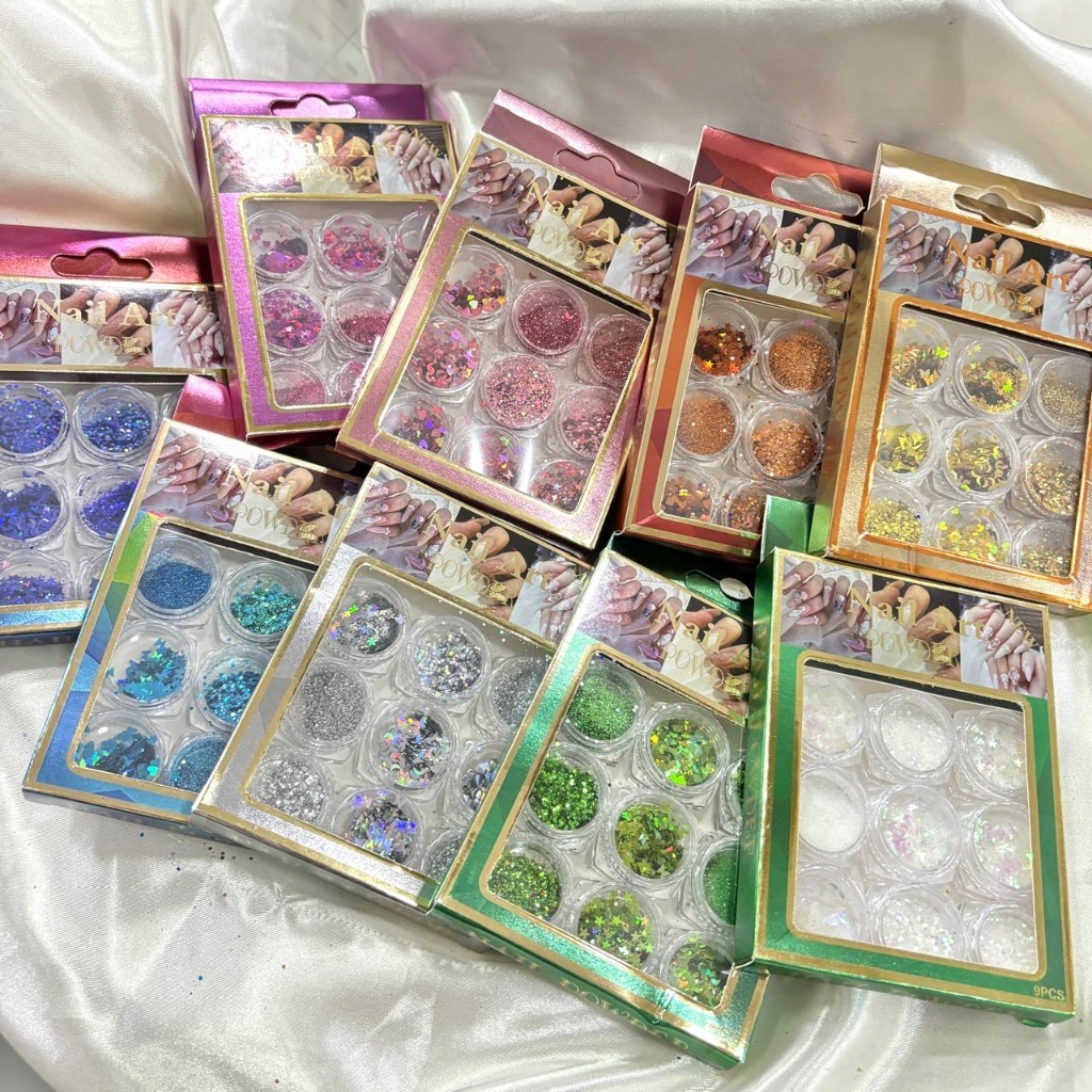 KIT 9 Unid Glitter Flocado Unha Encapsulada Formatos Lua Estrela Borboleta Coração Nail Art