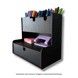 Kit 3 Organizadores de Mesa em Madeira Preto - Porta-Treco e Porta-Lápis - Escritório e Home Office