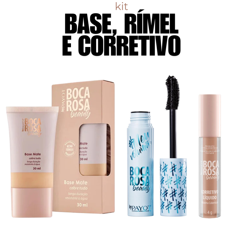 Base liquida, Corretivo Liquido Facial + Máscara de Cílios Boca Rosa ...