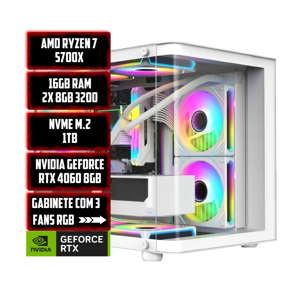 PC GAMER ZYN RYZEN 7 5700X, B450M, 16GB RAM, NVME 1TB, NVIDIA RTX 4060 8GB, GABINETE 3 GANS RGB
