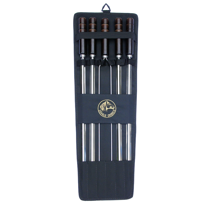 Kit 5 Espetos Churrasco Aço Inox Cabo Madeira Suporte Bolsa