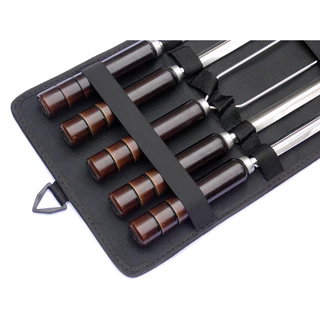Kit 5 Espetos Churrasco Aço Inox Cabo Madeira Suporte Bolsa