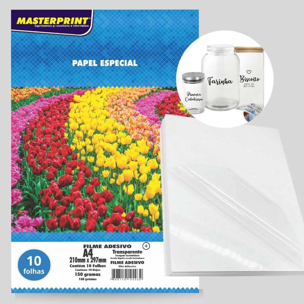 Papel Filme Adesivo Vinil 100% Transparente A4 150g 10 folhas para ...