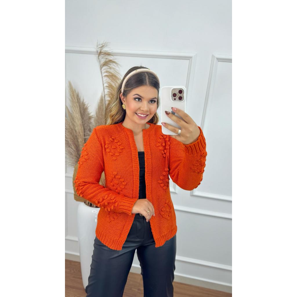 Casaco Cardigan Bolha sem Botões Feminino Manga Comprida Tricô Tricot  Inverno