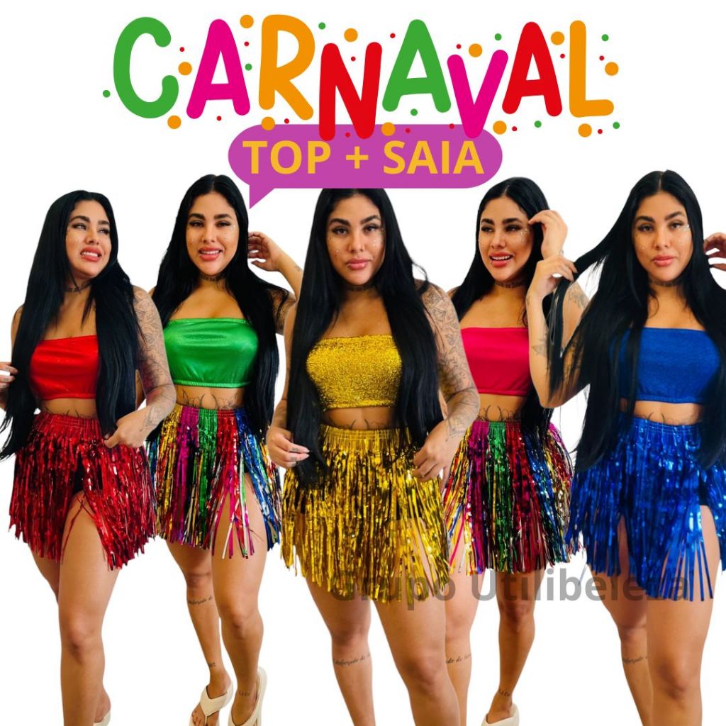 Fantasia de Carnaval Kit Top e Saia de Fita Metalizada Top e Saia de ...