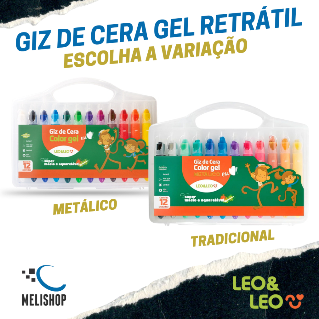 Maleta Giz de Cera Color Gel Retrátil Aquarelável 12 Cores Leo e