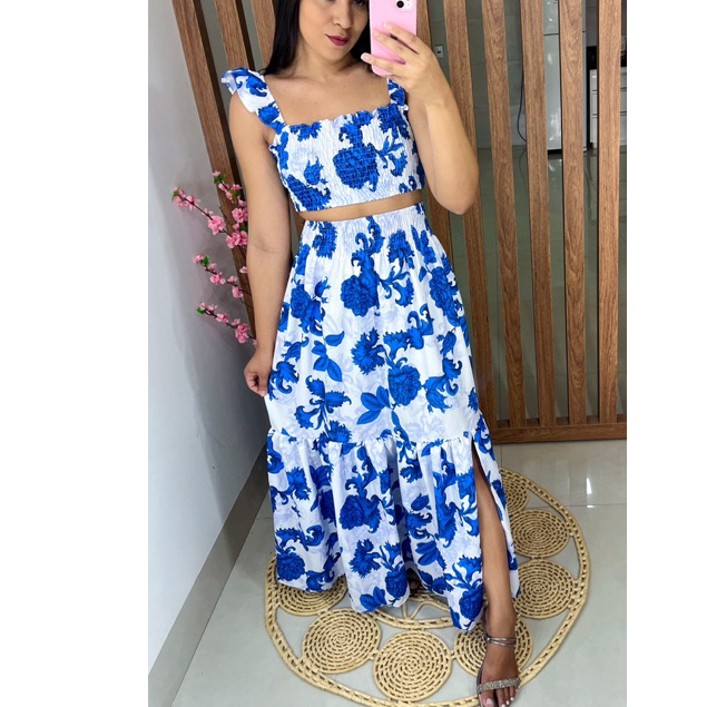 Conjunto saia longa e Cropped lastex floral verão alcinhas