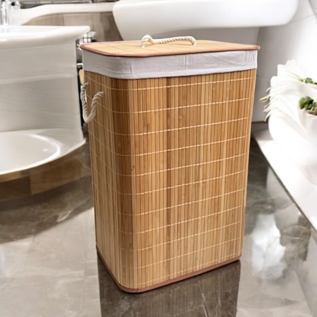 Cesto De Roupa Suja Bambu Dobravel Organizador Forrado Banheiro 60cm ...