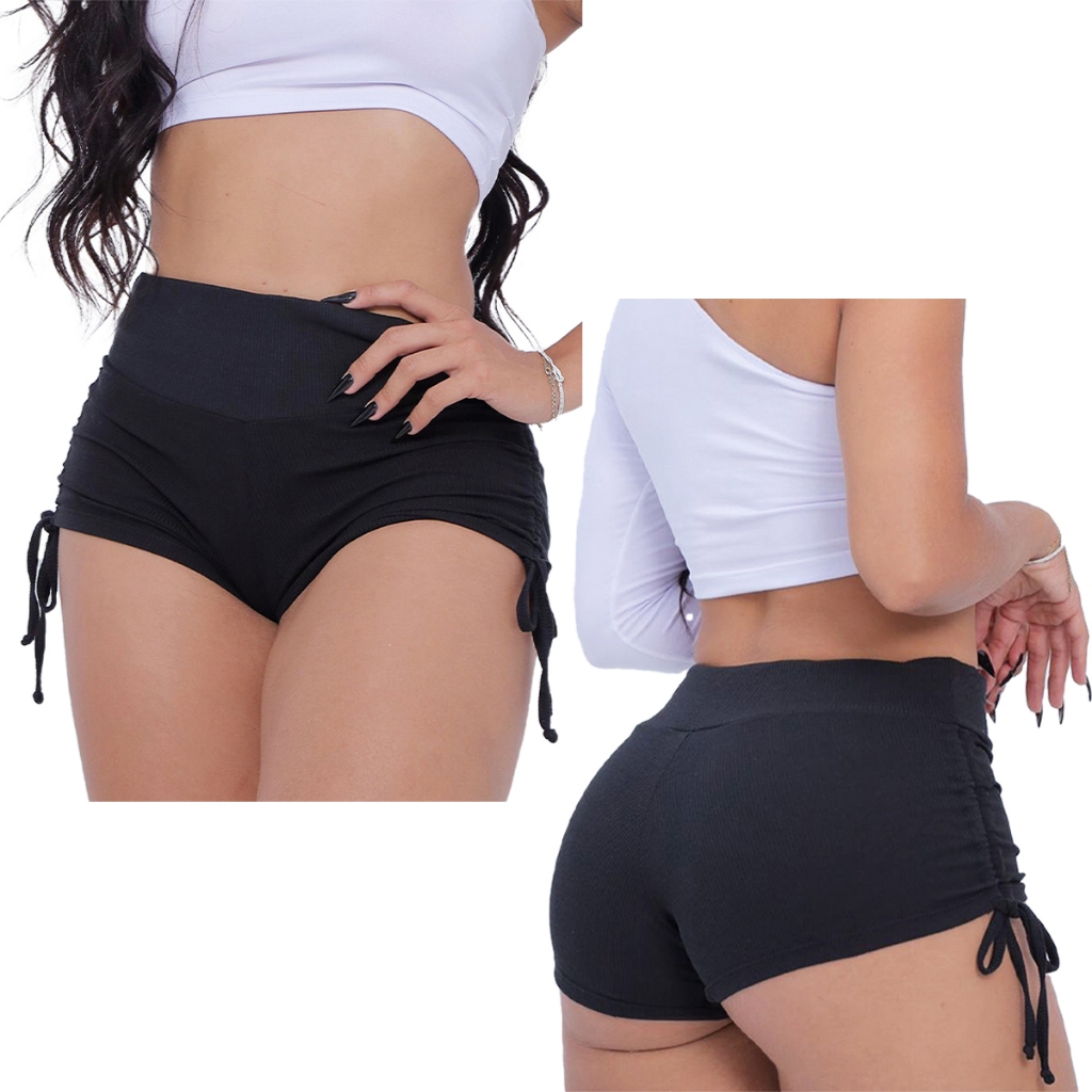 Kit 2 Shorts Franzido Feminino Cordão Lateral Cintura Alta