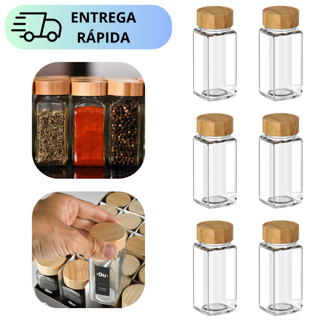 Kit 6 Porta Temperos 125ml Vidro Com Dosador Tampa De Bambu | Shopee Brasil