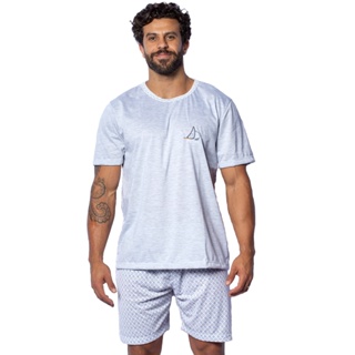 Pijama Masculino de Malha Confortável Verão Manga Curta Poliéster Fresco Elegante em Oferta na Shopee